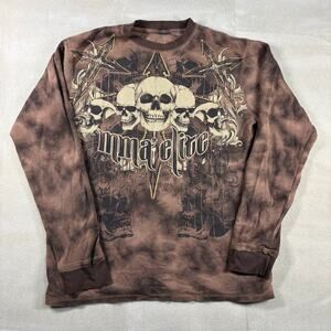 MMA‎ Elite Long Sleeve Thermal Shirt Mens L Brown Skull Graphic Y2K Distressed